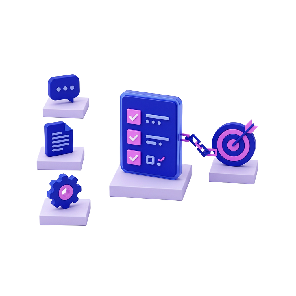 Disconnected AI tools sit beside a prioritised checklist connected to a business target