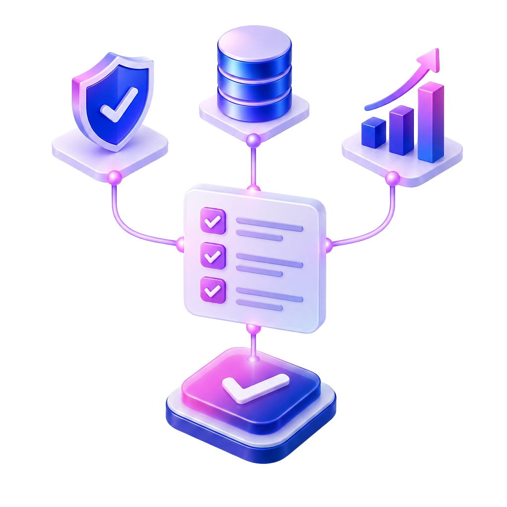 A checklist connects governance, data and ROI to a final approval tile